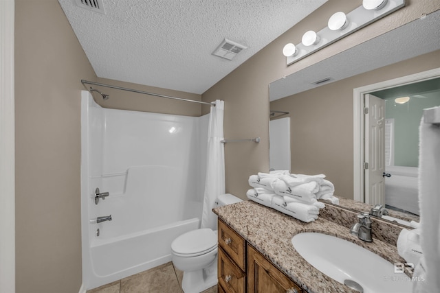 full bathroom featuring visible vents, toilet, vanity, shower / bath combo, and a textured ceiling