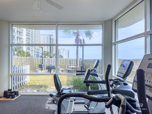 exercise room with a city view, ceiling fan, and expansive windows