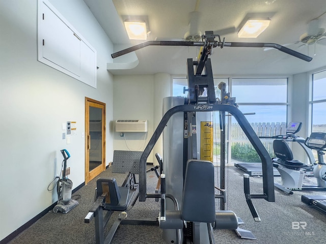 exercise room with a wall mounted air conditioner, expansive windows, baseboards, and a wealth of natural light