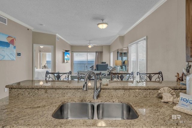 kitchen featuring ornamental molding, a textured ceiling, a ceiling fan, and a sink