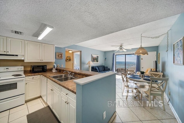 kitchen featuring white appliances, sink, kitchen peninsula, light tile patterned flooring, and ceiling fan