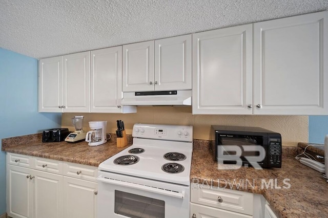 kitchen with a textured ceiling, white electric range oven, and white cabinets