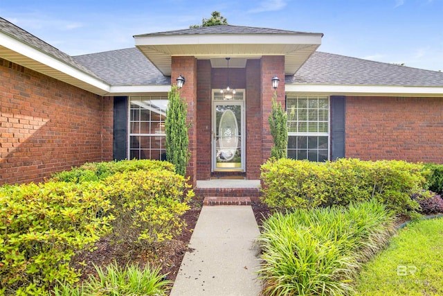 entrance to property featuring brick siding and a shingled roof