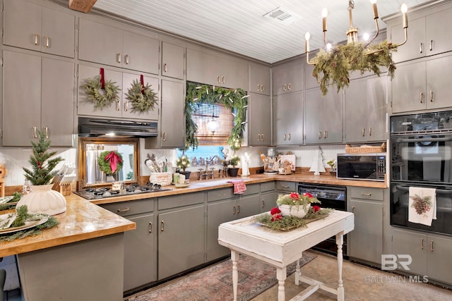 kitchen with butcher block counters, sink, gray cabinetry, decorative backsplash, and black appliances