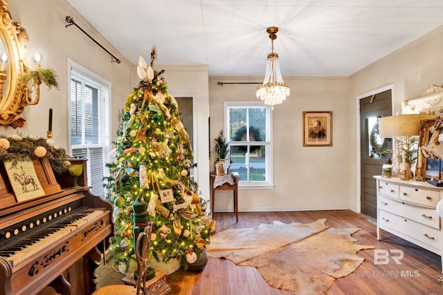 miscellaneous room featuring an inviting chandelier, a healthy amount of sunlight, and hardwood / wood-style floors