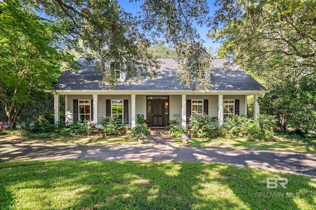 view of front of home with a porch and a front yard