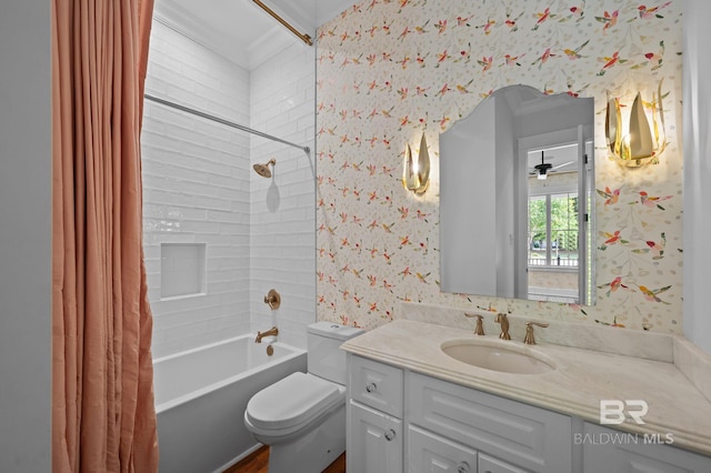 202 Paddle Creek Loop, Fairhope, AL 36532 - bathroom featuring vanity, shower / bath combo with shower curtain, toilet, wallpapered walls, and crown molding