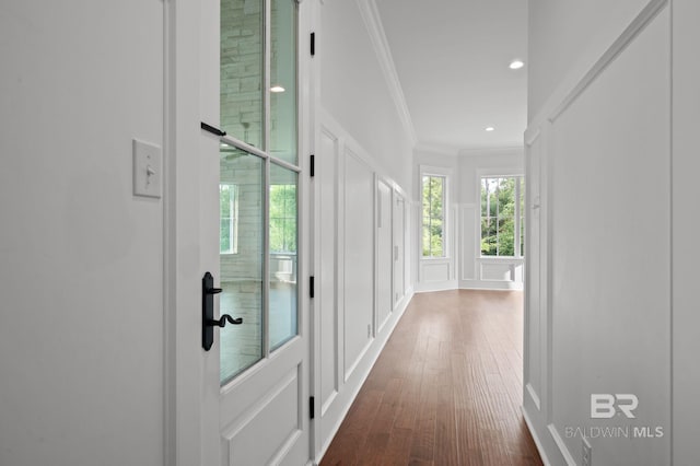 202 Paddle Creek Loop, Fairhope, AL 36532 - corridor with ornamental molding, dark wood-style floors, a decorative wall, recessed lighting, and baseboards