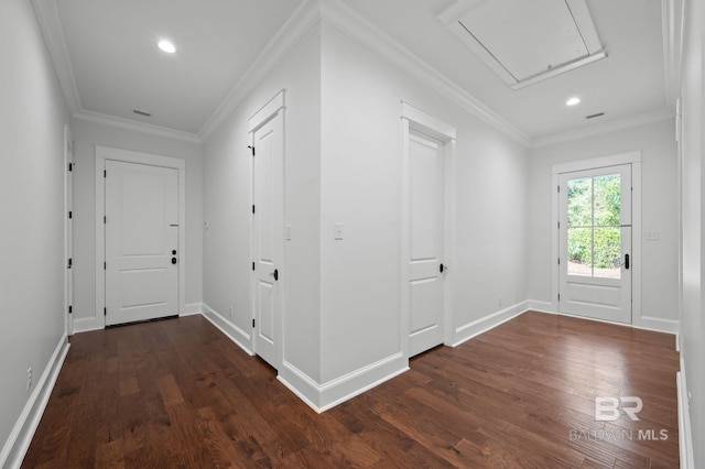 202 Paddle Creek Loop, Fairhope, AL 36532 - corridor featuring attic access, dark wood-type flooring, recessed lighting, baseboards, and crown molding