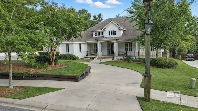 202 Paddle Creek Loop, Fairhope, AL 36532 - view of front of home with stucco siding, curved driveway, a porch, a front yard, and roof with shingles