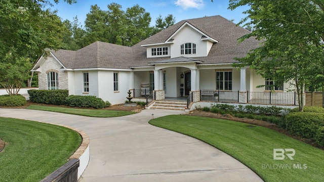 202 Paddle Creek Loop, Fairhope, AL 36532 - view of front of property with stone siding, a shingled roof, a porch, a front lawn, and stucco siding