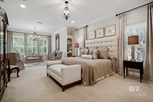 bedroom featuring crown molding, light colored carpet, and a chandelier