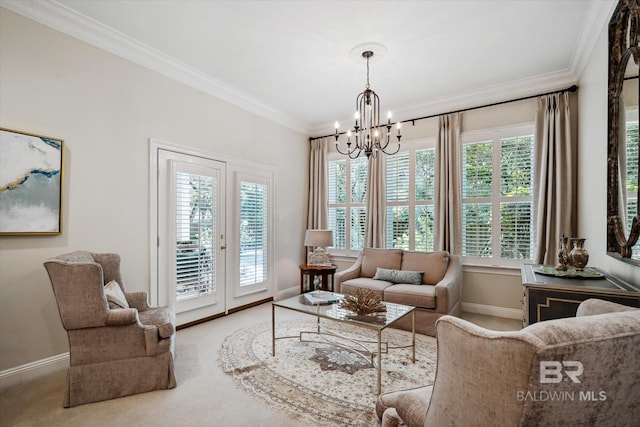 living area featuring crown molding, carpet, and an inviting chandelier