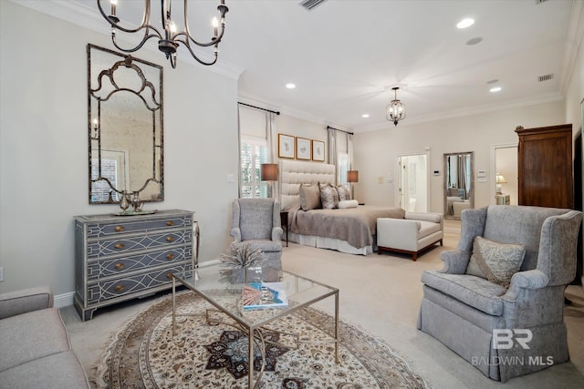 bedroom featuring a notable chandelier, crown molding, and carpet floors