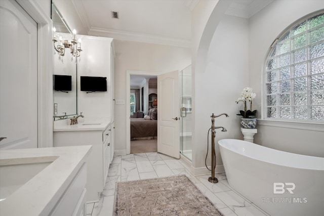 bathroom featuring vanity, separate shower and tub, and ornamental molding