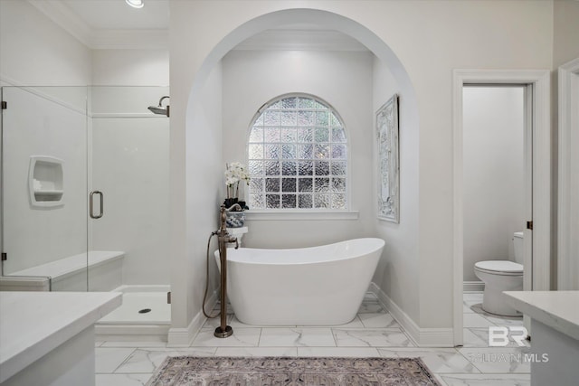 full bathroom with vanity, crown molding, plus walk in shower, and toilet