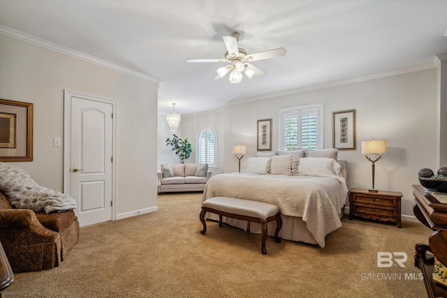 bedroom with ornamental molding, light colored carpet, and ceiling fan