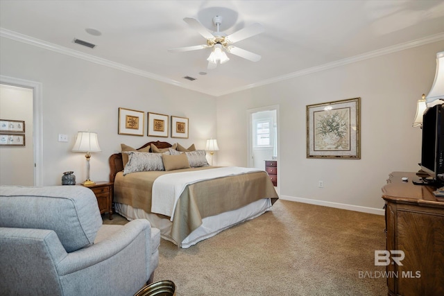 bedroom with ornamental molding, carpet flooring, and ceiling fan