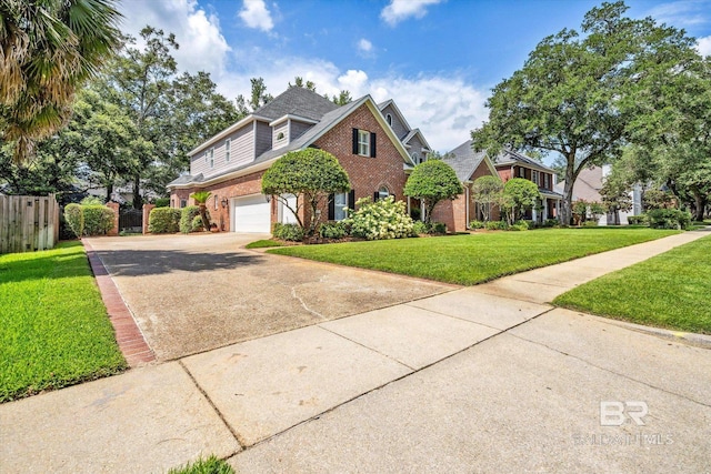 view of front of property with a garage and a front lawn