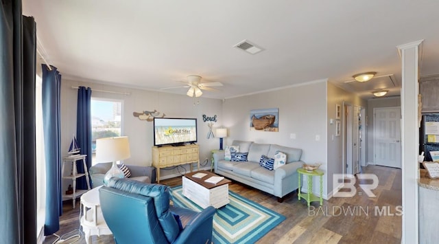 living room with ceiling fan, dark wood-type flooring, and crown molding