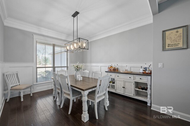 dining room featuring crown molding, wainscoting, dark wood finished floors, and a dry bar