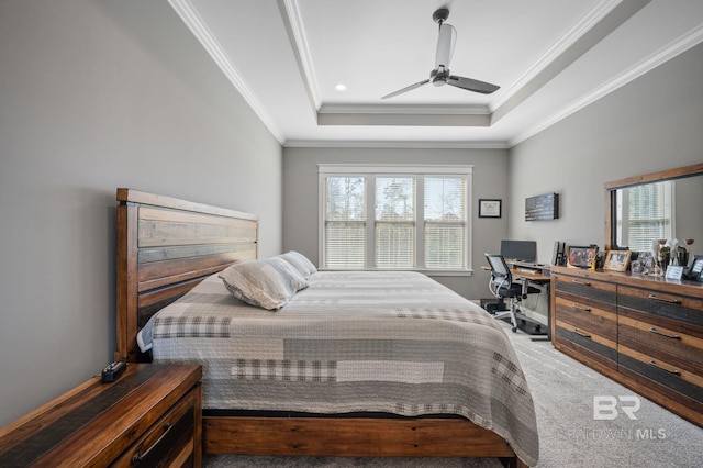 carpeted bedroom with a ceiling fan, a tray ceiling, multiple windows, and crown molding