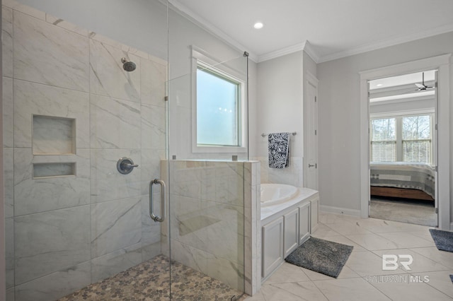 ensuite bathroom featuring plenty of natural light, a stall shower, and crown molding