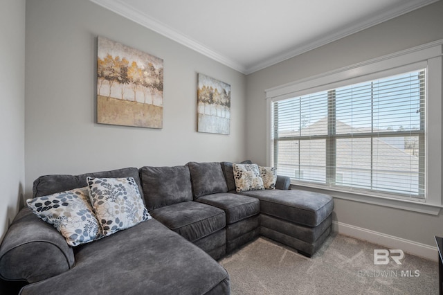 carpeted living area with baseboards and ornamental molding