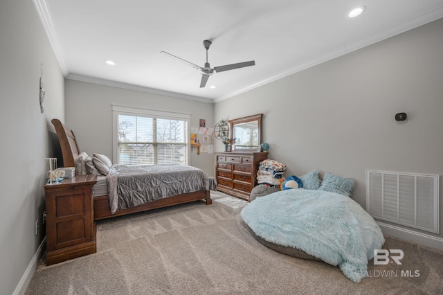 bedroom featuring recessed lighting, carpet floors, visible vents, baseboards, and crown molding