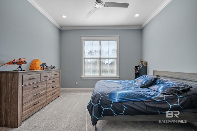 bedroom with baseboards, ornamental molding, ceiling fan, and light colored carpet