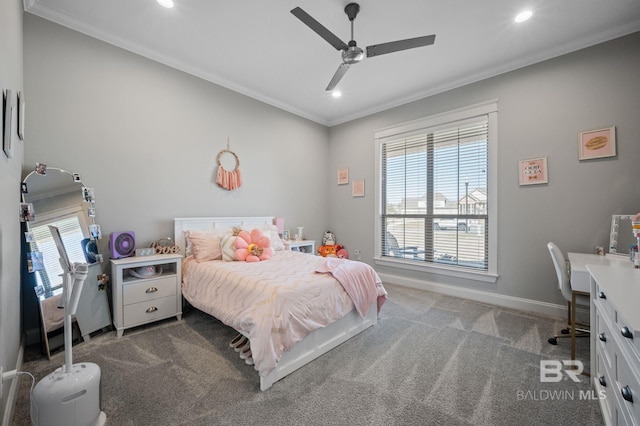 bedroom with carpet floors, baseboards, multiple windows, and ornamental molding