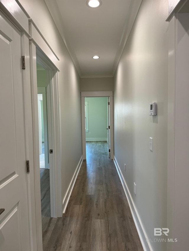 hallway with dark hardwood / wood-style floors