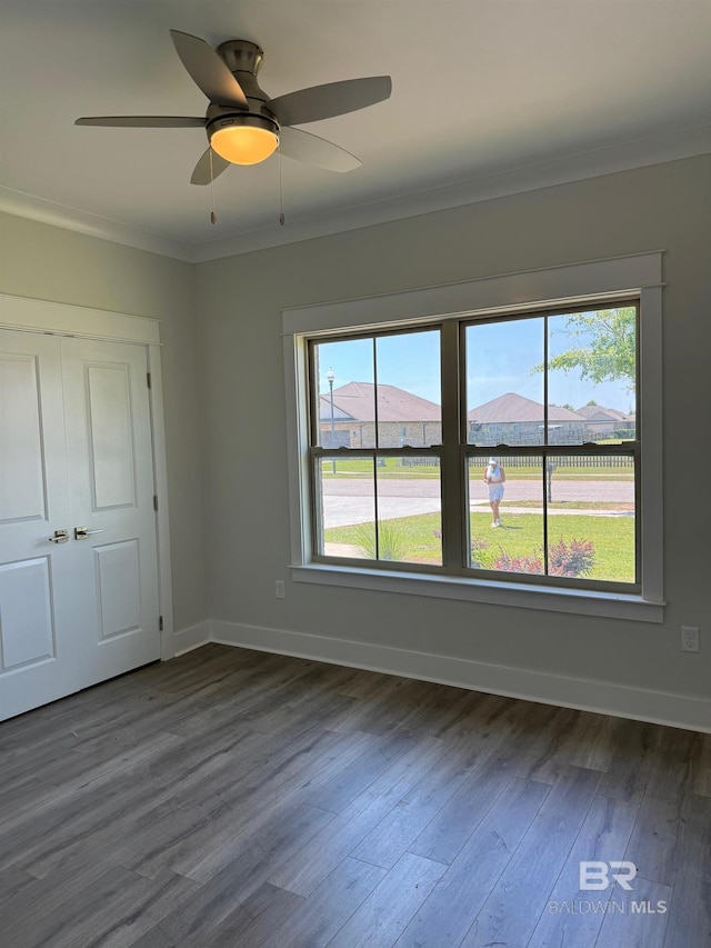 spare room featuring ceiling fan, dark hardwood / wood-style floors, and crown molding