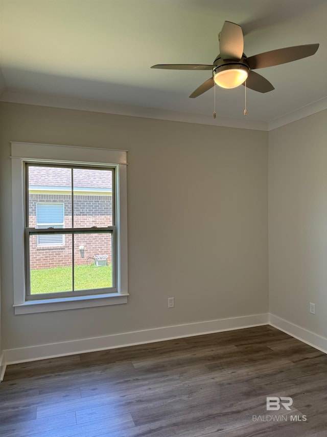 spare room featuring dark hardwood / wood-style flooring, ornamental molding, and ceiling fan