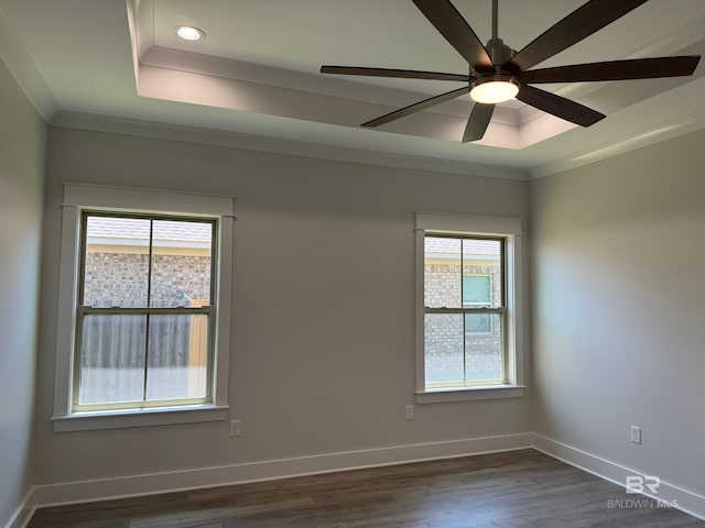 unfurnished room featuring dark wood-type flooring, ceiling fan, and a raised ceiling