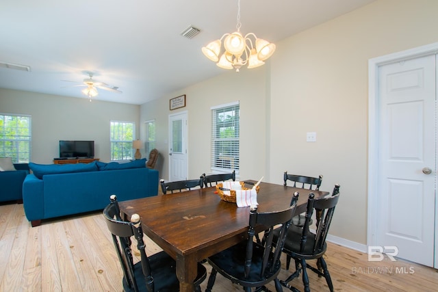 dining room featuring ceiling fan with notable chandelier, light wood-type flooring, visible vents, and baseboards