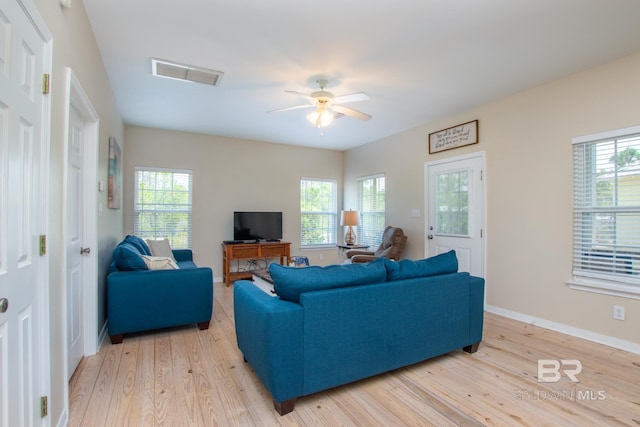 living room with a wealth of natural light, light wood-type flooring, and visible vents