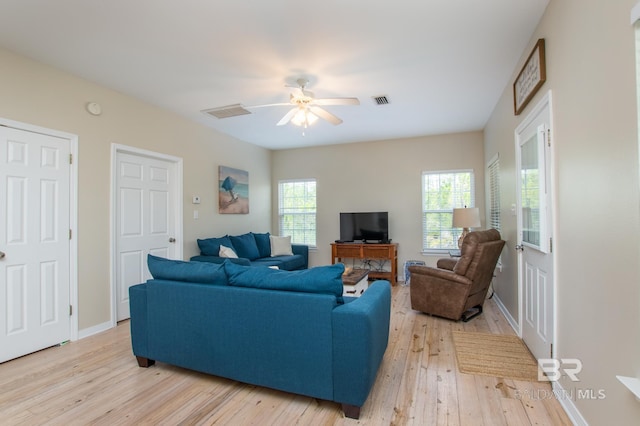 living area featuring a wealth of natural light, light wood-type flooring, visible vents, and baseboards