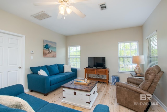 living room featuring baseboards, light wood finished floors, visible vents, and a ceiling fan