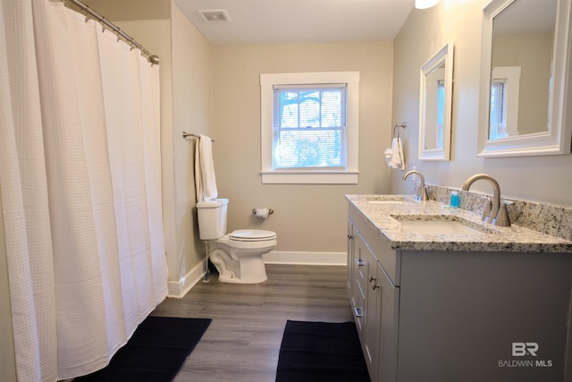 bathroom with vanity, wood-type flooring, and toilet