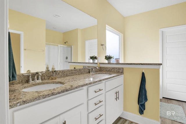 bathroom with a shower with door and vanity