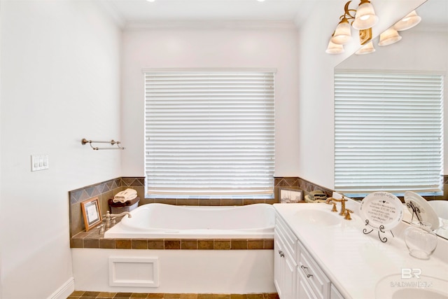 bathroom with vanity, a relaxing tiled tub, and ornamental molding