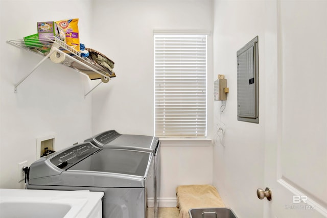 laundry room featuring sink, electric panel, and washer and dryer