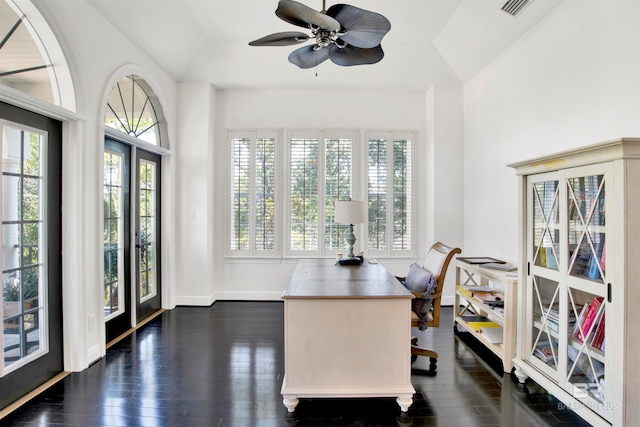 office space featuring french doors, dark hardwood / wood-style floors, ceiling fan, and vaulted ceiling