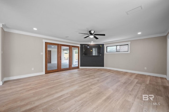 751 Abbey Way, Mobile, AL 36695 - unfurnished living room featuring light wood-type flooring, baseboards, crown molding, ceiling fan, and french doors