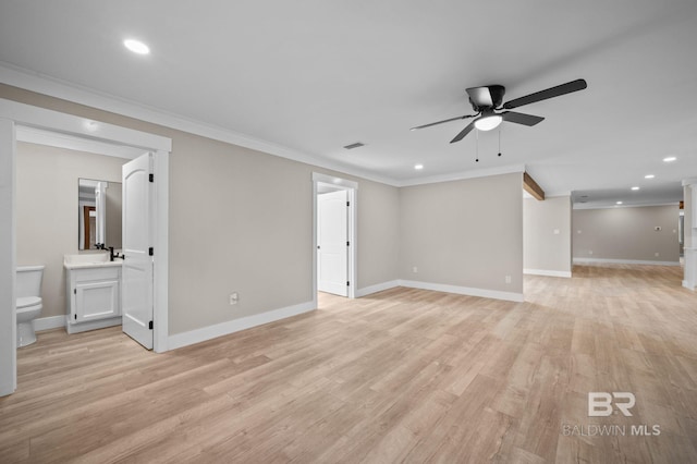751 Abbey Way, Mobile, AL 36695 - unfurnished living room featuring ceiling fan, crown molding, baseboards, recessed lighting, and light wood-style floors