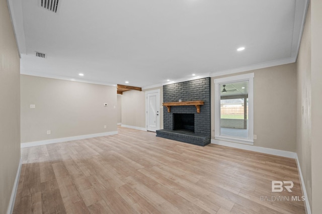 751 Abbey Way, Mobile, AL 36695 - unfurnished living room with a fireplace, crown molding, light wood-type flooring, baseboards, and recessed lighting