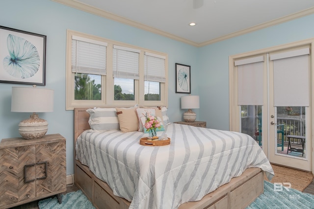 bedroom with recessed lighting, french doors, access to exterior, and ornamental molding