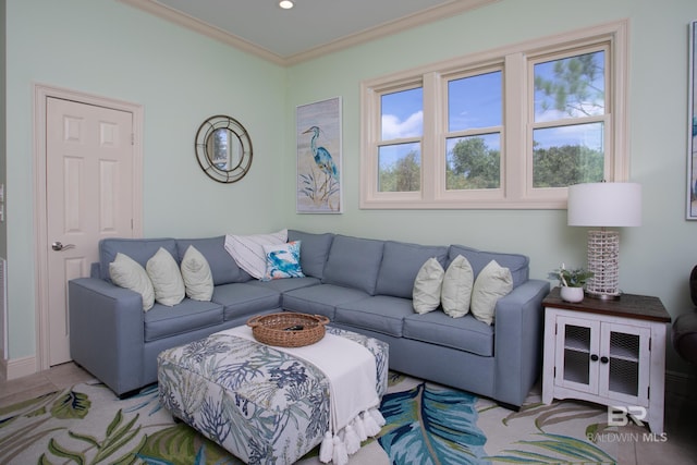 living room with recessed lighting and crown molding