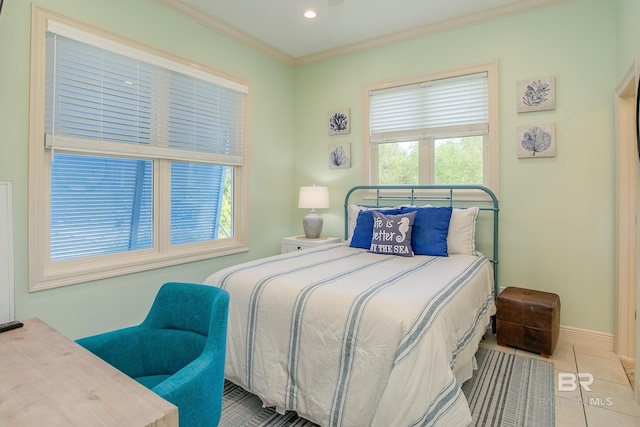 tiled bedroom featuring recessed lighting, baseboards, and crown molding